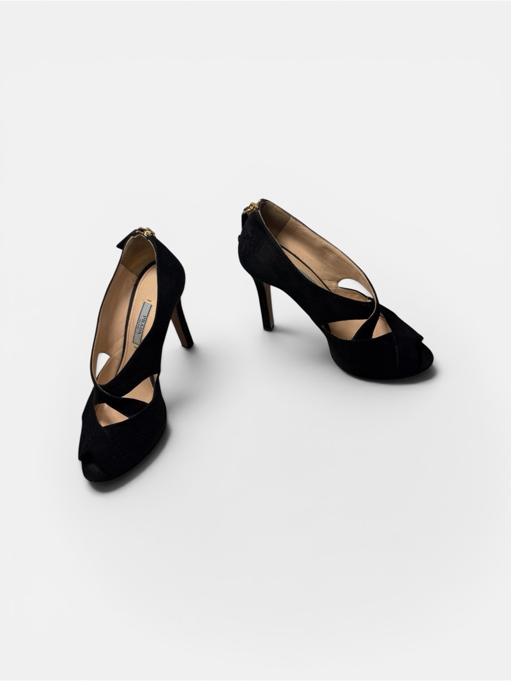 Prada Black Suede Crisscross Open-Toe Stiletto Heels